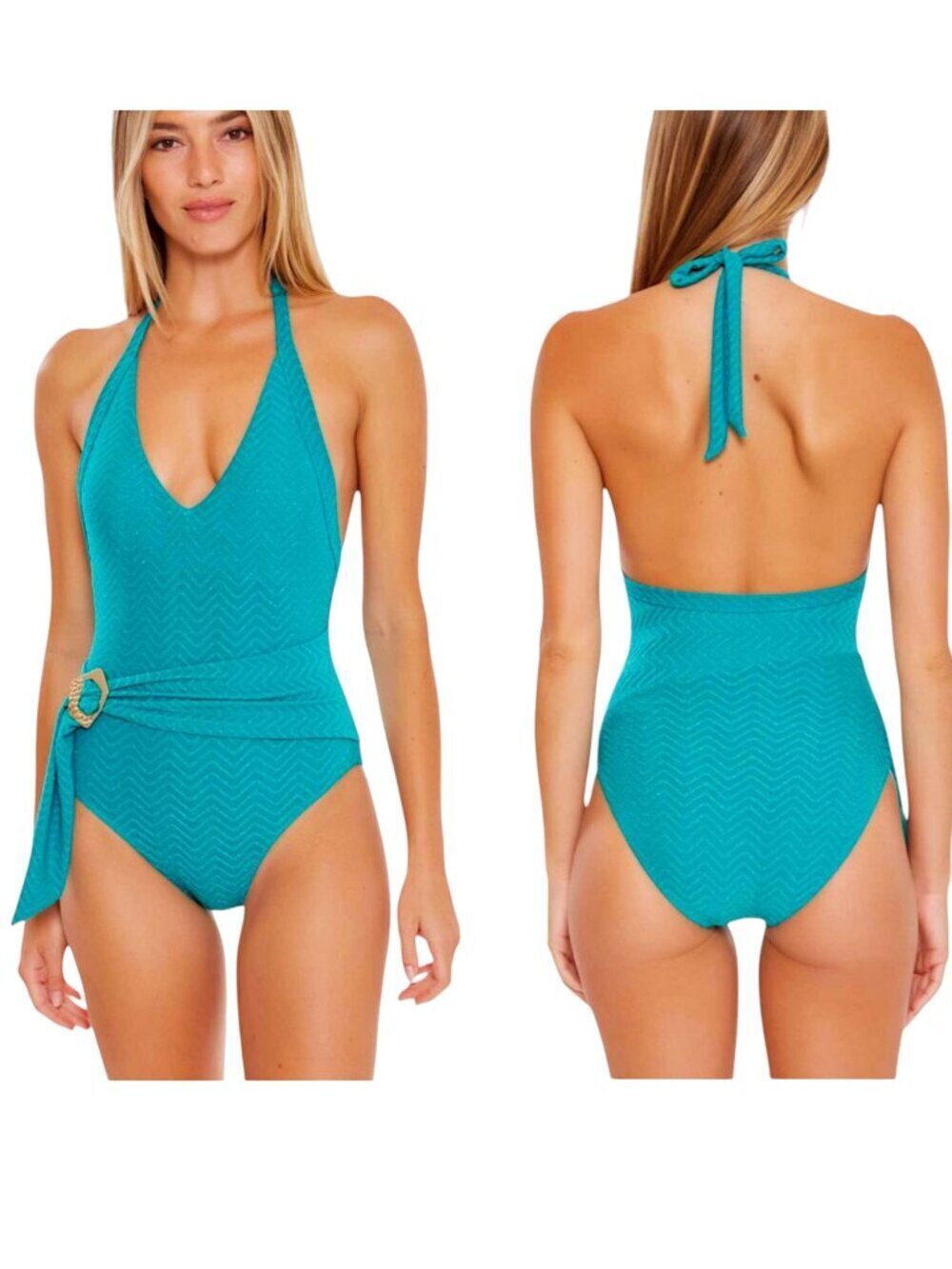Trina Turk Marine Teal Lurex Empire Halter Belted One Piece Swimsuit NWT New 6